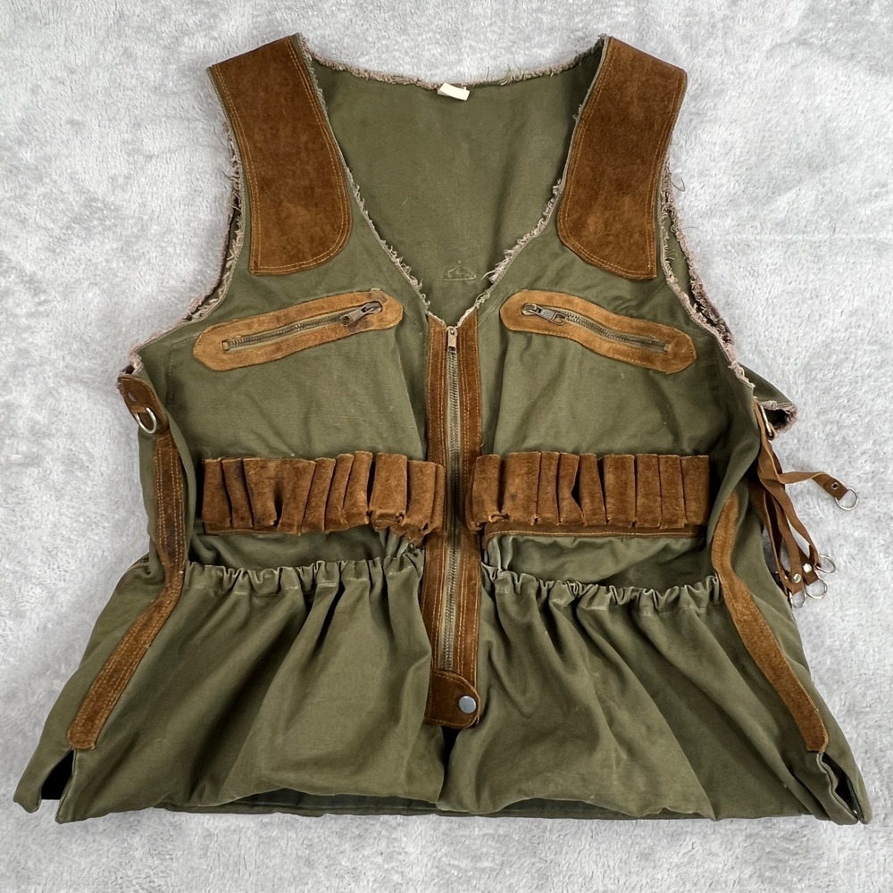 Safari Vintage Suede Trim Canvas Hunting Vest L Olive Men Gorpcore Utility